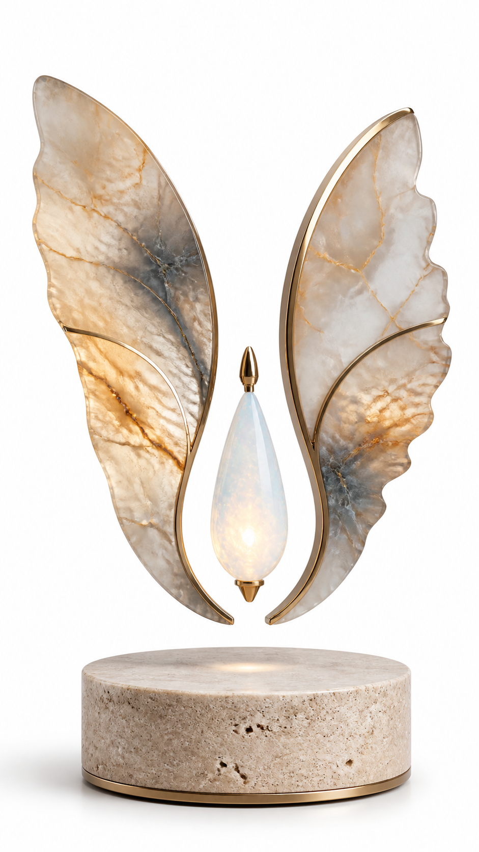 AMO Auric Wing Display with marble-veined wing panels and a floating opalescent center above a travertine base