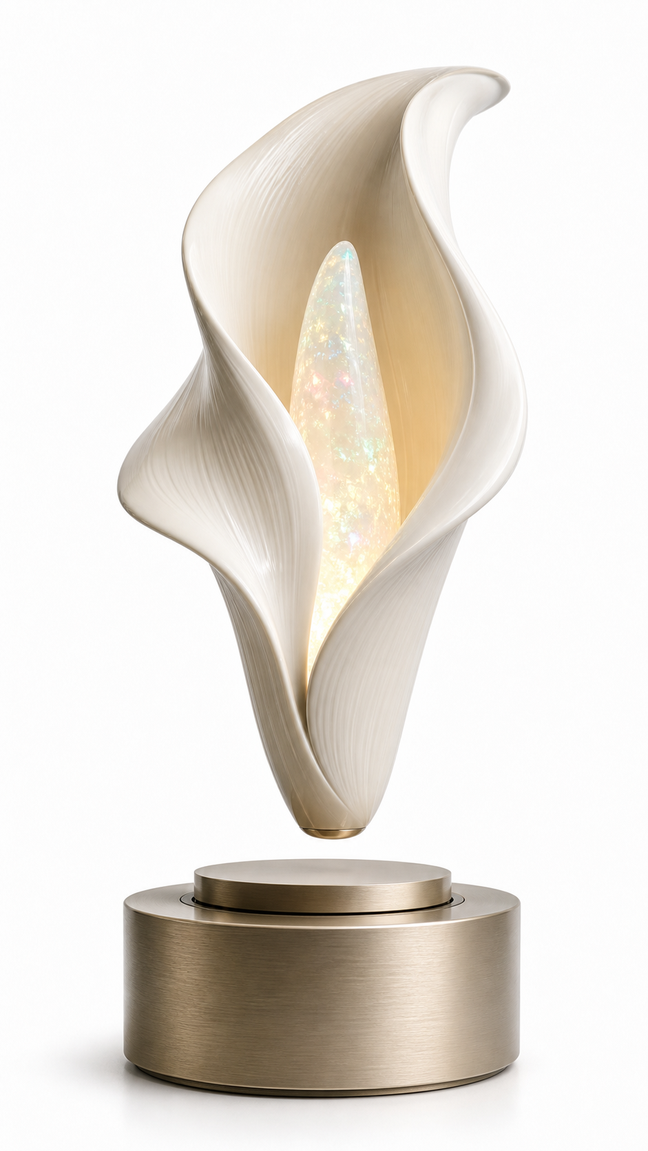 AMO Calla Aura Lamp with flowing ivory petal forms around a floating illuminated core above a brushed metal base