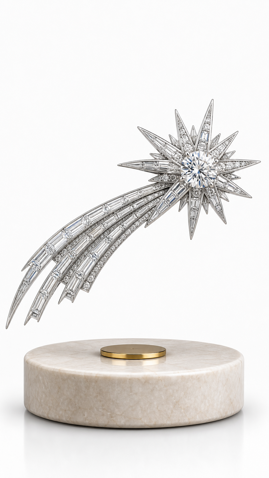 AMO Celestial Comet Objet with a crystal-set starburst head and sweeping tail floating above a marble-look base
