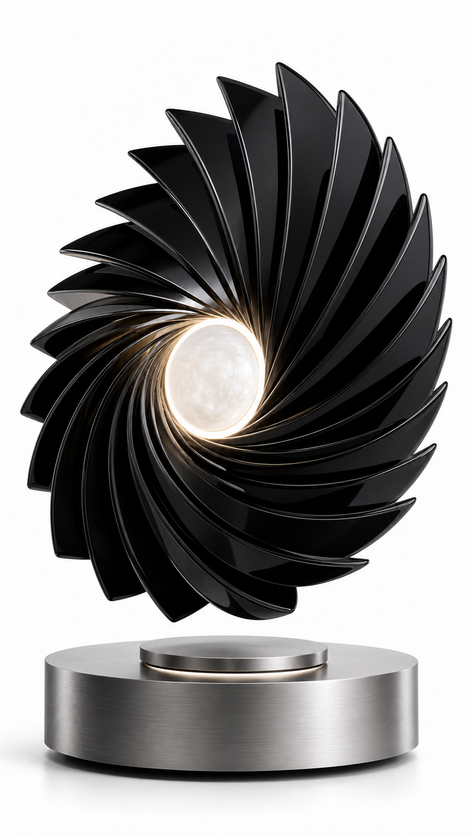 AMO Eclipse Spiral Lamp with black spiral blades surrounding a floating illuminated orb above a brushed metal base