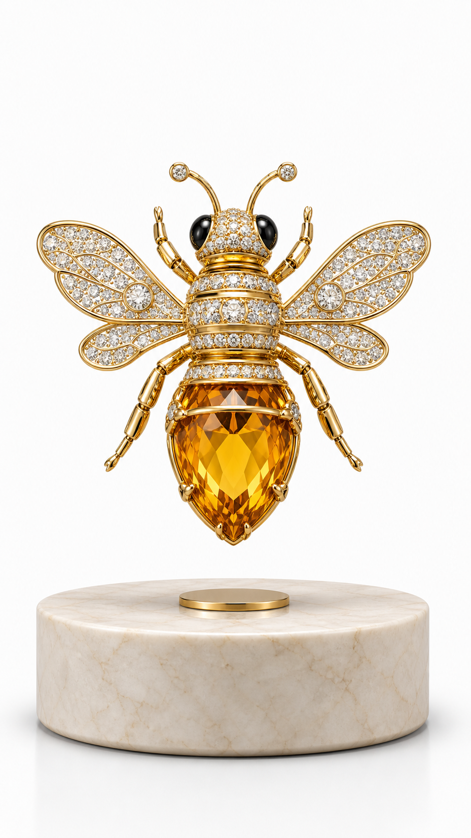 AMO Imperial Bee Objet with crystal-set wings and an amber gemstone body floating above a marble-look base
