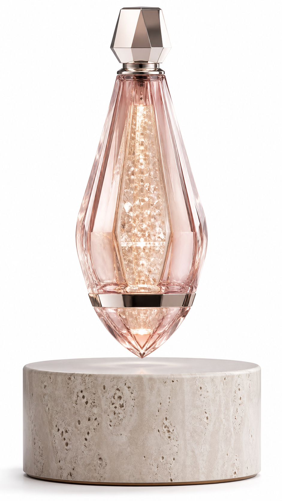 AMO Prism Rose Lamp with a faceted rose crystal body and warm illuminated core above a light stone base