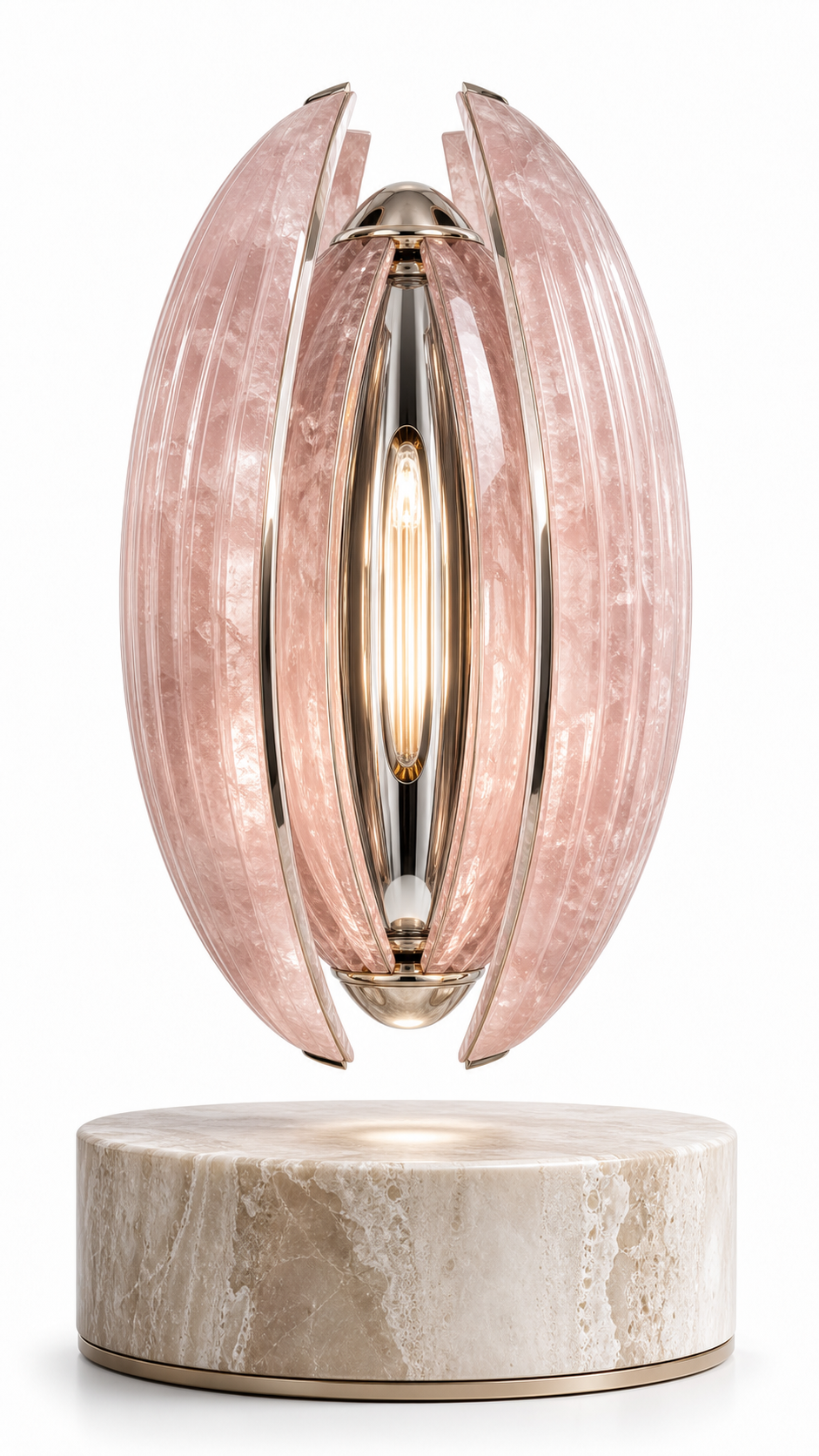 AMO Quartz Capsule Lamp with rose-toned crystal panels and a warm illuminated center above a light stone base