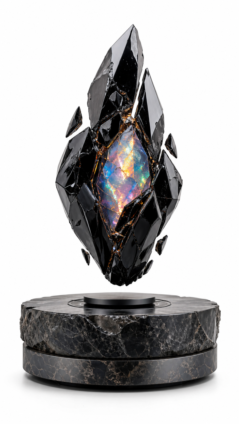 AMO Rift Obsidian Display with a floating iridescent crystal core framed by black faceted shell elements
