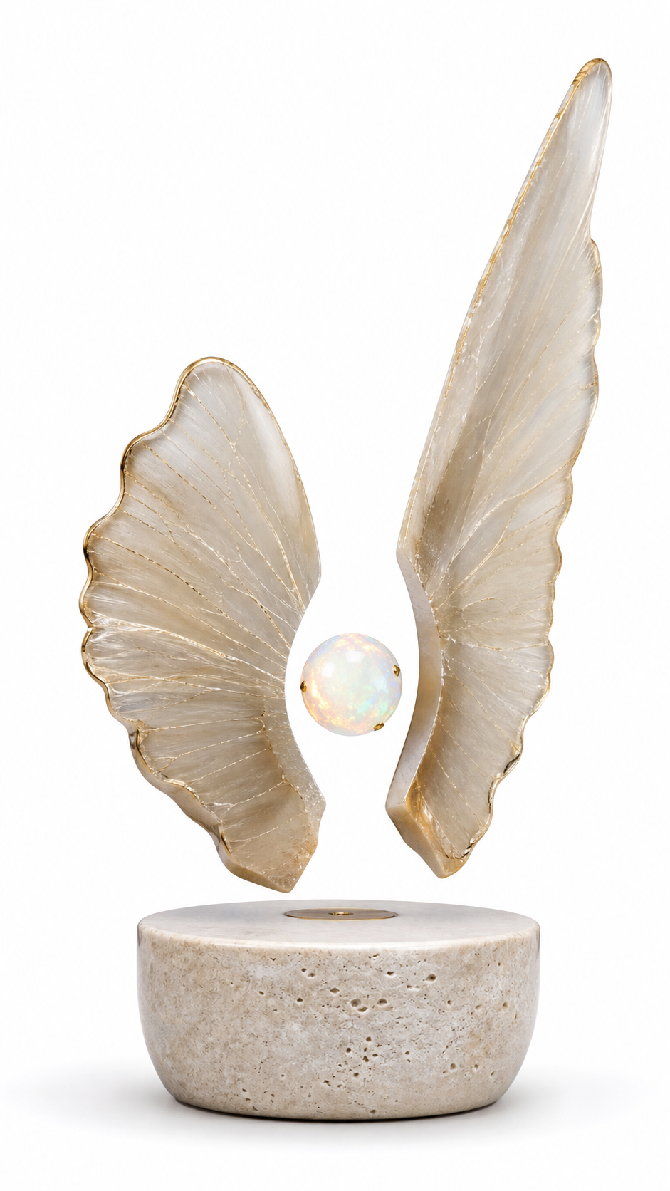 AMO Seraph Opal Display with translucent wing forms and a floating opal center above a travertine base