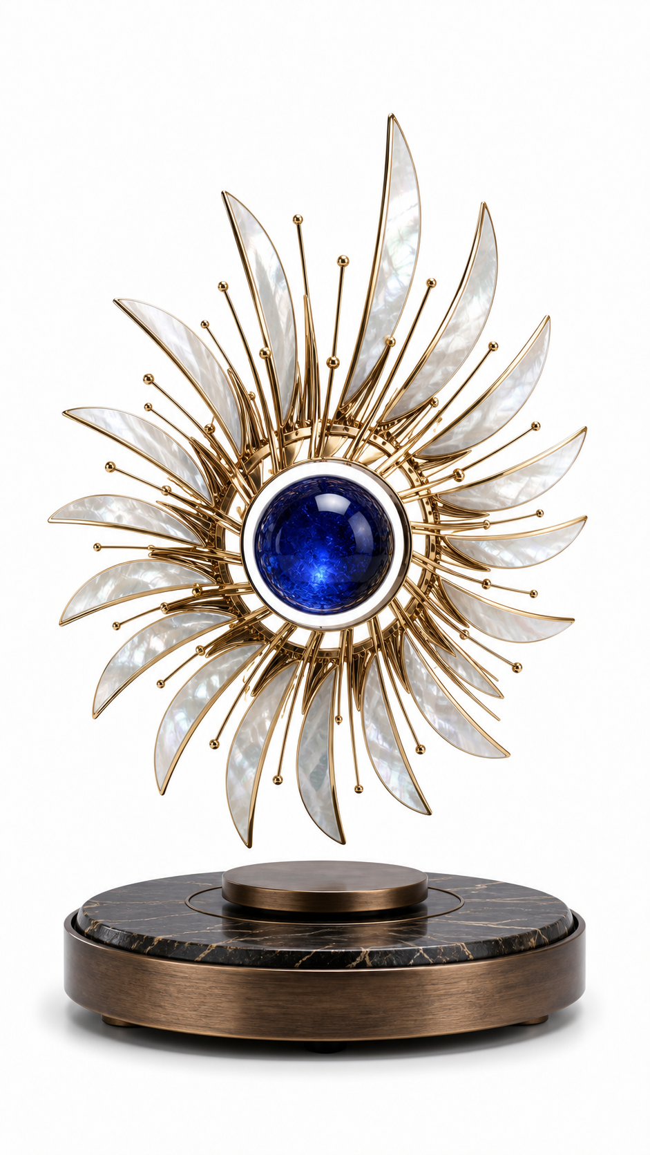 AMO Solaris Pearl Orbit with nacre-like radial blades, polished gold structure, and a floating cobalt center